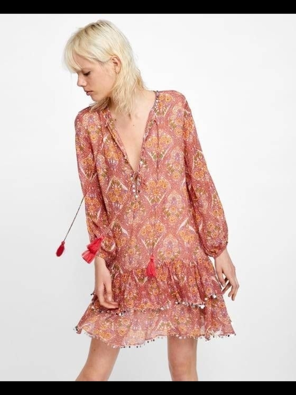 Red Floral Crew Neck Long Sleeve Shift Dress